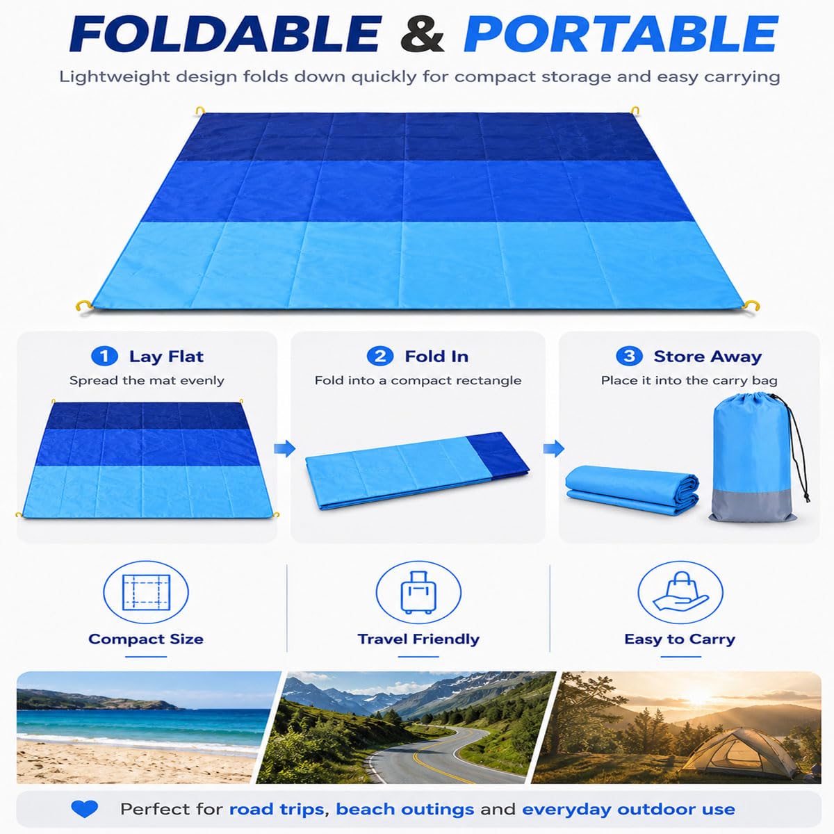 Grande Couverture De Plage Imperméable 200 X 210 Cm, Tapis De Pique-nique | Grand Tapis De Pique-nique Imperméable Et Résistant Au Sable Avec 4 Piquets De Sol, Sac De Transport Compact Et Surface Facil