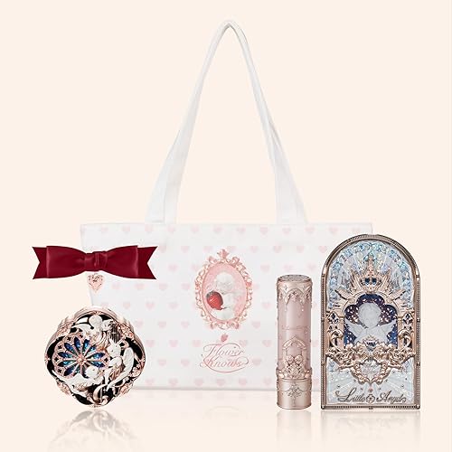 Flower Knows Little Angel - Juego de maquillaje de 5 piezas, lápiz labial mate (C04) + rubor crema (04) + sombra de ojos (01) + bolsa de lona + clip