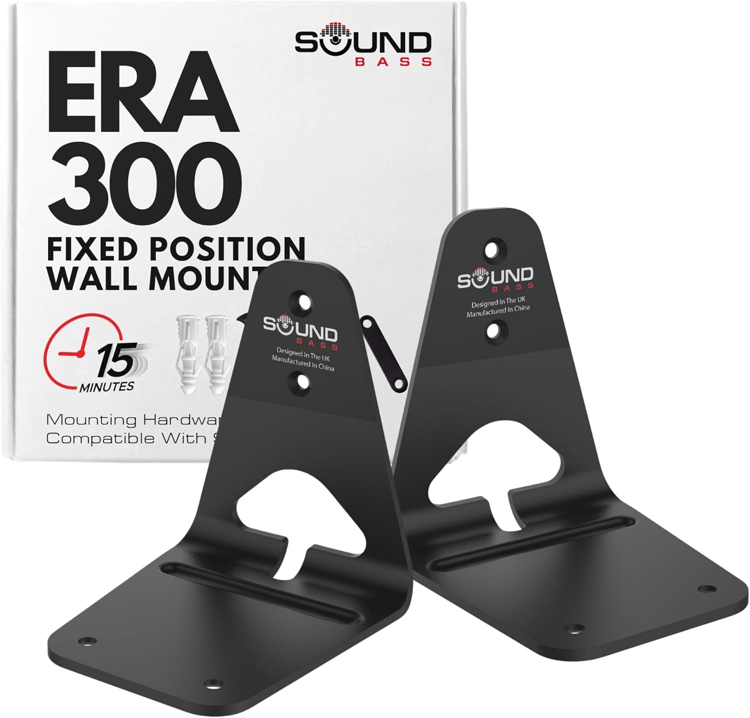 Sound Bass ERA300 Wall Mount Bracket, Low Profile, Black, Twin Pack, Compatible with Sonos ERA 300 Speaker, Complete with All Fixing Hardware