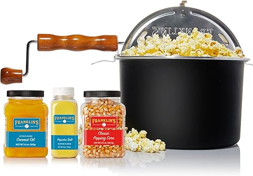 Franklin's Gourmet Popcorn - Paquetes de noche de película - Whirley Popper, 13.5 onzas de granos de maíz clásicos, 8 onzas de sal saborizada a