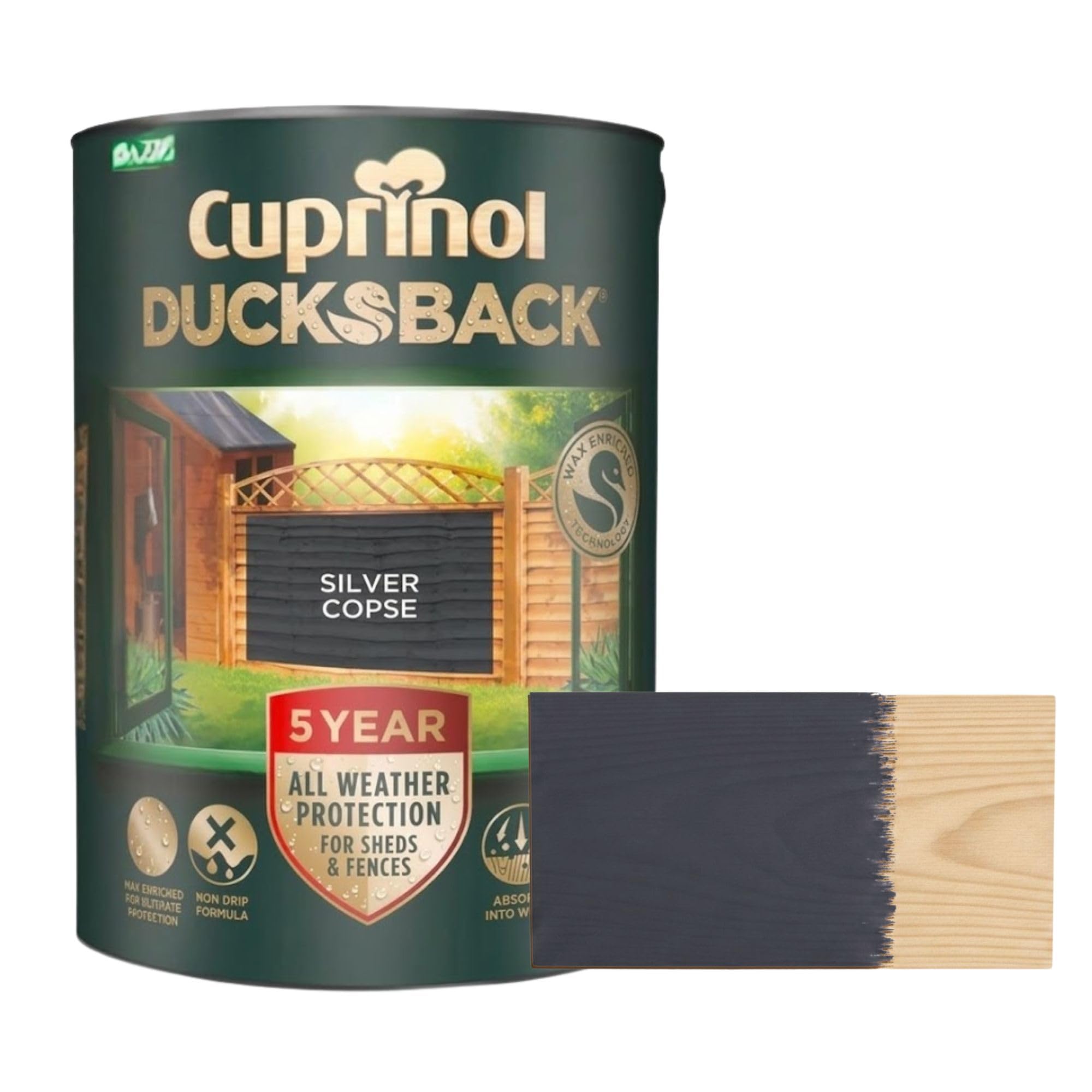 ARUUJ 5L Ducksback Paint Silver Copse, Fence Paint Extends Timber Life, Water Repellent Wood Treatment, Painting Shades Protects Against UV, Rain & Frost, Fast Drying Low Odour