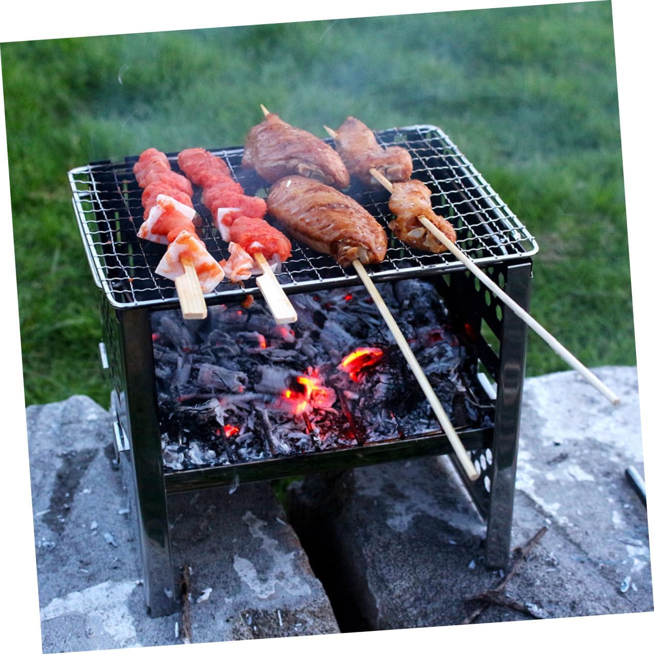 TOYANDONA Stainless Steel Adjustable Folding Barbecue Grill with Double-layer Charcoal Rack Portable Camping Bbq Stove for Outdoor Picnic and Hiking