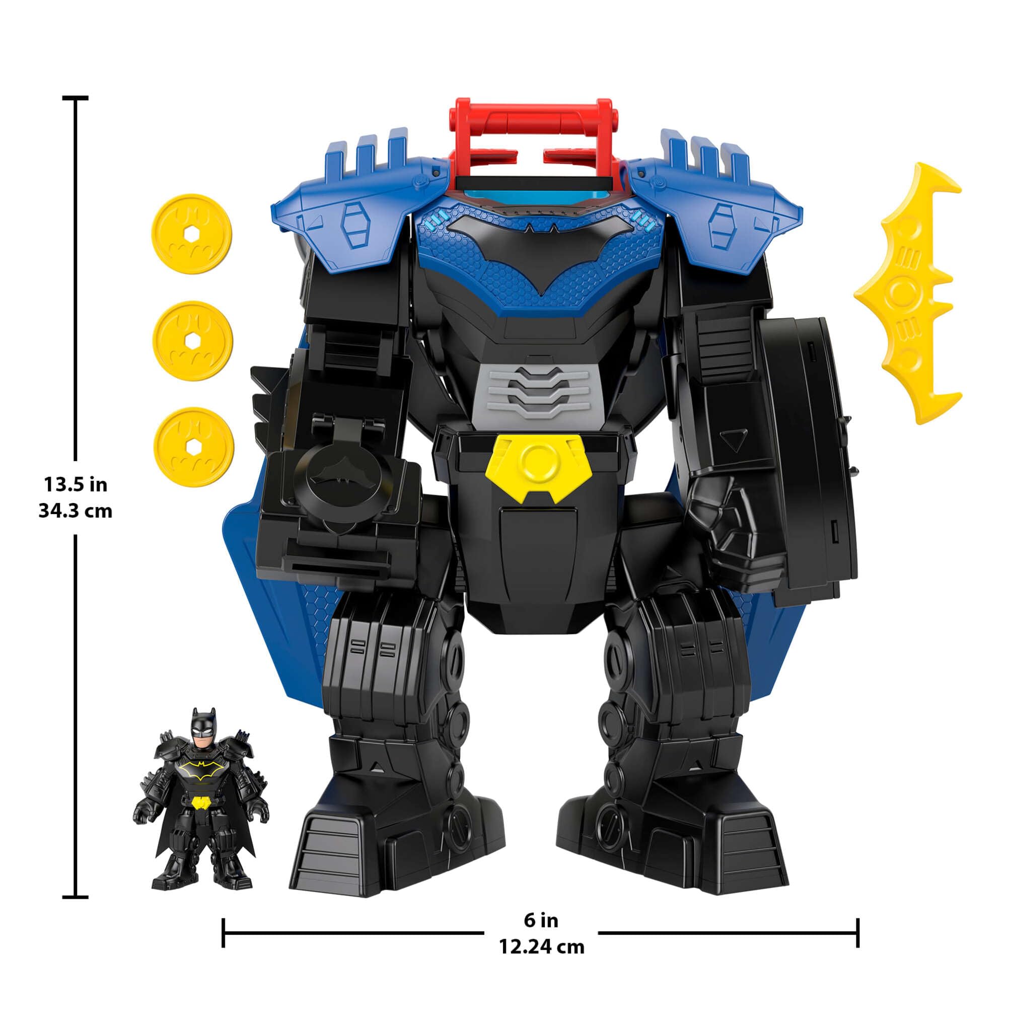 Fisher-Price Imaginext DC Super Friends Batman Traje mecánico volador de 36,83cm con luces, sonidos y movimiento, figura de acción de 7,6cm y accesorios de lanzador y discos, JDL03