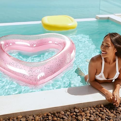 Miniatura 6 de Honoson 8 unidades de flotador de piscina con forma de corazón de 47.3 x 43 pulgadas, anillos de natación inflables en forma de corazón, flotador de