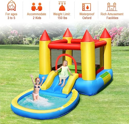 Miniatura 9 de Costzon Casa inflable con tobogán acuático, pequeña casa inflable para niños, diversión en el patio trasero, combo húmedo y seco con soplador GFCI
