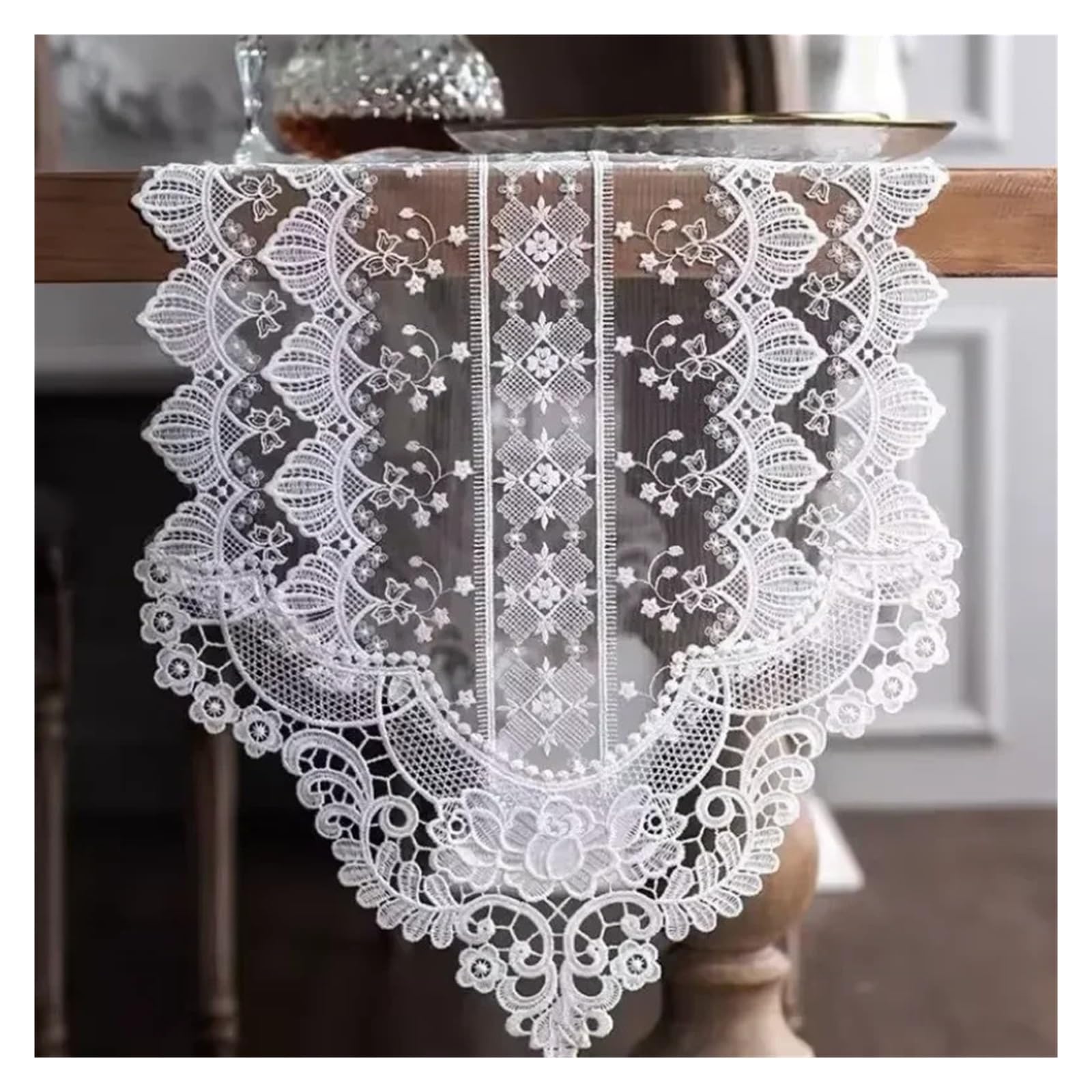 Runner da tavola in pizzo, Runner da tavolo in pizzo bianco 35x70-310 cm con nappe traforate(35x310cm 1pcs)