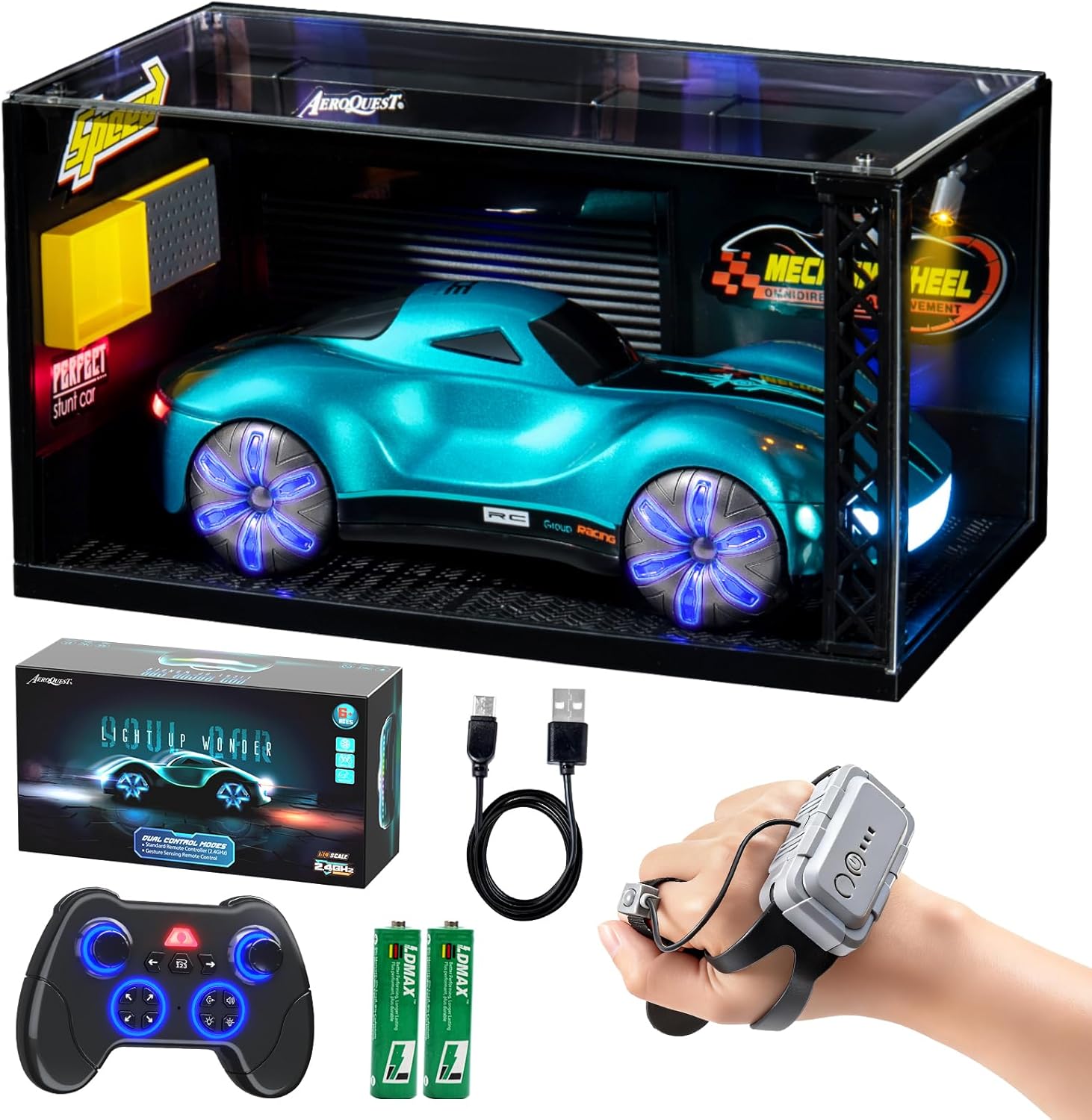 Gesture Sensing Remote Control Car with Display Dust Cover Garage,USB-C Rechargeable Drift RC Stunt Cars with LED Light|Spray|Sound2.4GHz Toy for Kids Christmas|Birthday Gifts for Boys Girls