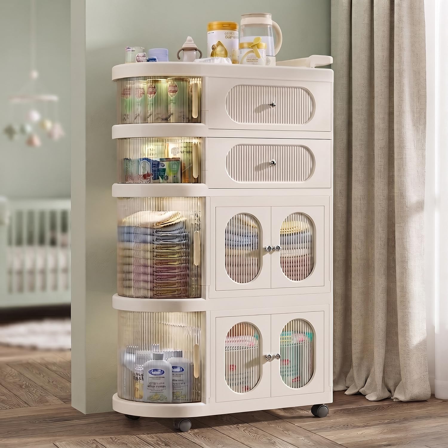 StarAndDaisy Baby Storage Trolley with Wheels, 4-Tier Plastic Nursery Organizer with Drawers, Multipurpose Storage Rack for Baby Essentials, Diapers, Clothes, Toys (Off-White, Storage Cart)-image-18