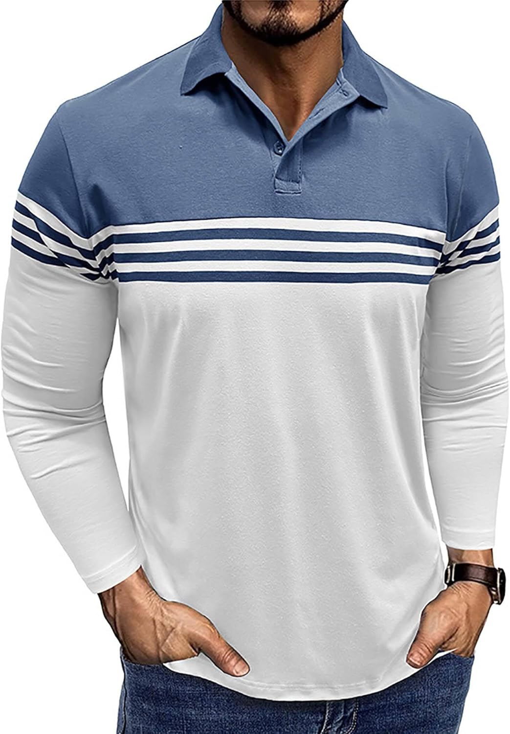 Men's Long Sleeve Polo Shirt Striped Cotton Moisture Wicking Classic Collared Casual Golf Shirts for Men