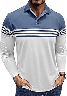 MorwenVeo Men's Long Sleeve Polo Shirt Striped Cotton Moisture Wicking Classic Collared Casual Golf Shirts for Men