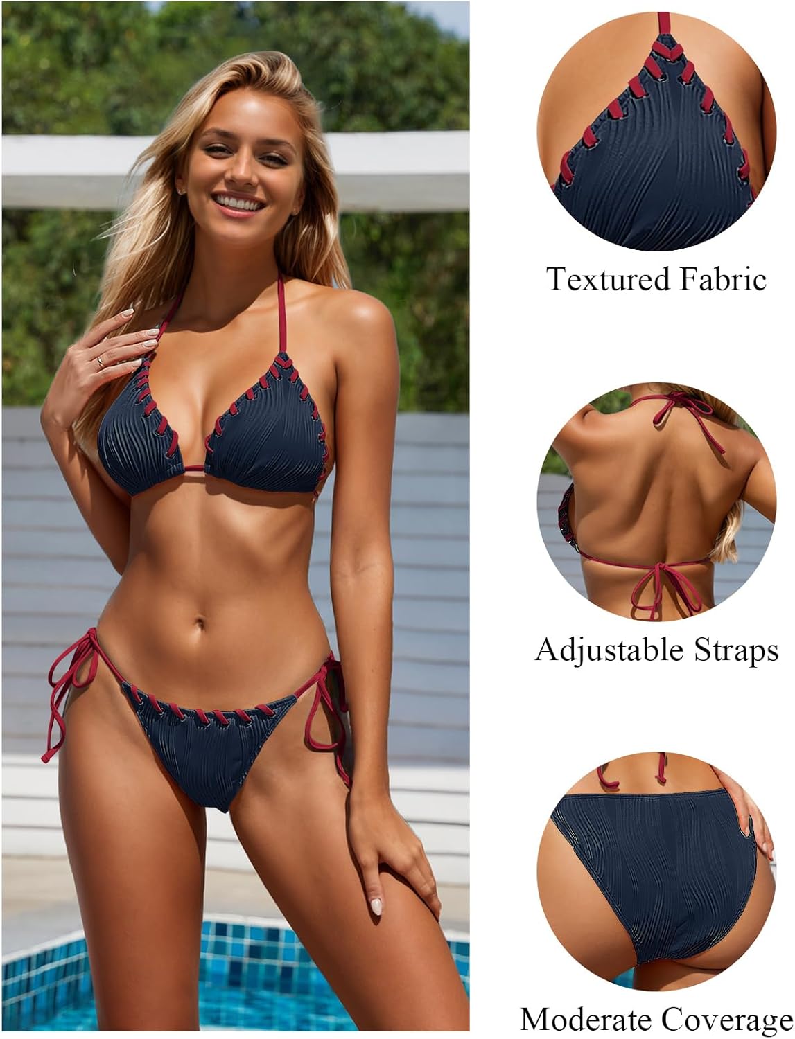 Women Two Piece Bikini Swimsuit Color Block Bathing Suits Halter Triangle String Bikini Sets - Image 5
