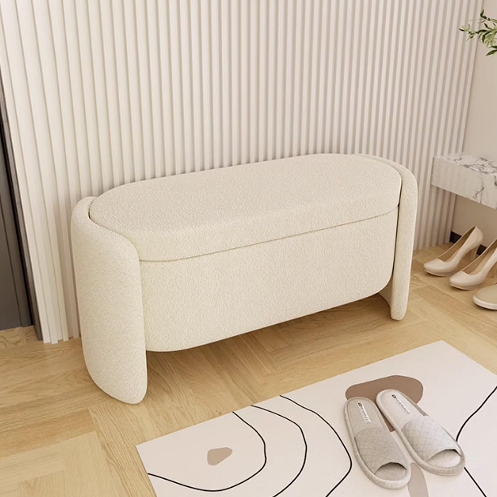 Élégant banc ottoman blanc en Teddy, meuble de rangement haut de gamme