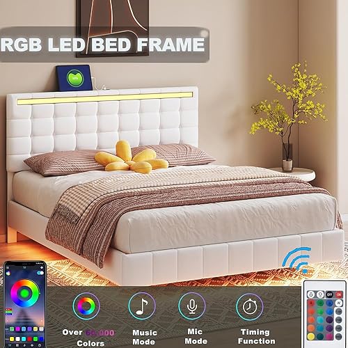 Miniatura 18 de Elegante marco de cama flotante de tamaño Queen con cabecera LED ambiental y puertos USB integrados, base de colchón tapizada contemporánea para