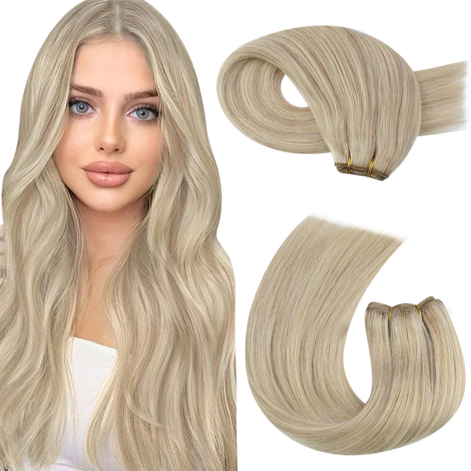 Moresoo Sew in Hair Extensions Real Human Hair Blonde Highlight Weft Extensions Human Hair Ash Brown with Blonde Sew in Weft Human Hair Extensions 100g 22 Inch
