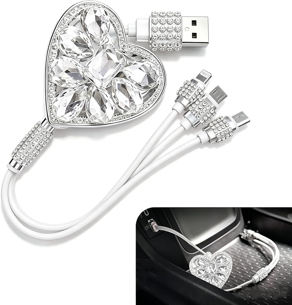 Heart Retractable 3 in 1 Car Charging Cord, Portable Car Charger Cable with Lightning Type-C Micro USB Tips, Universal Charger Wire for All Smart Devices, Feminine Stylish Design (White)
