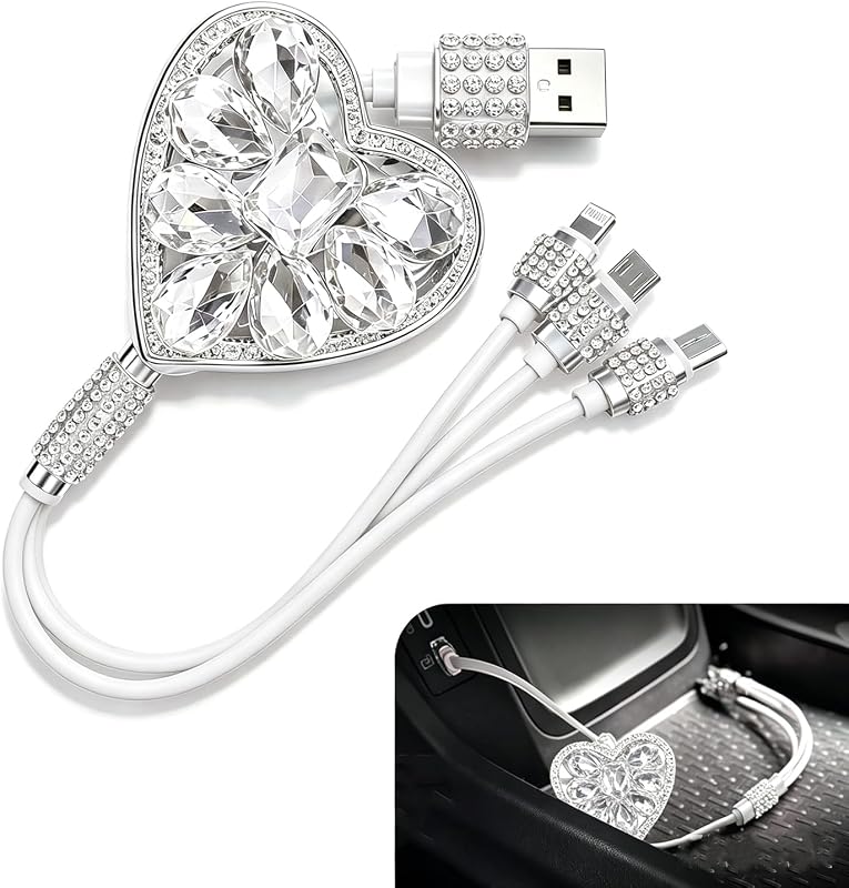Heart Retractable 3 in 1 Car Charging Cord, Portable Car Charger Cable with Lightning Type-C Micro USB Tips, Universal Charger Wire for All Smart Devices, Feminine Stylish Design (White)