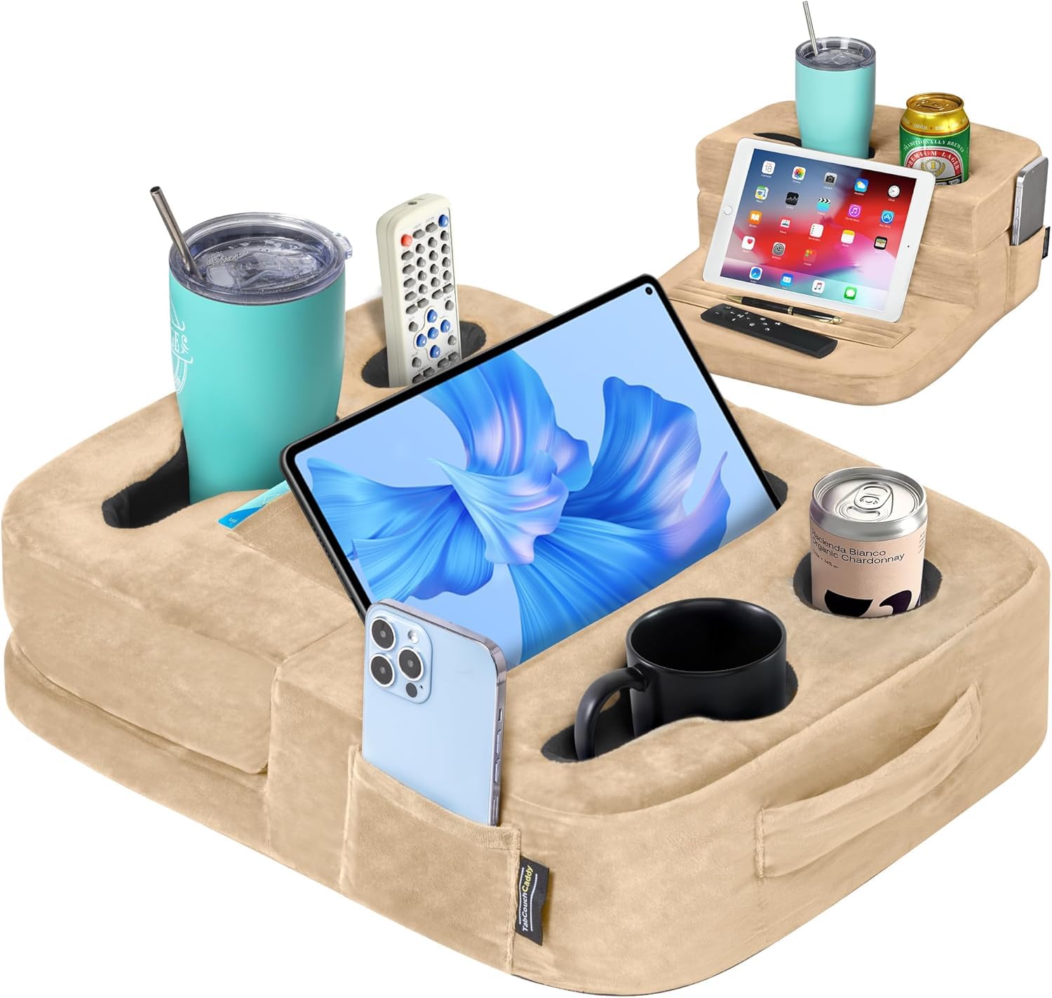 TabCouchCaddy - Couch Cup & Tablet Holder for Couch, Bed, Car, Tablet & Book Holder, Sofa Organizer Caddy for Drinks, Snacks, RV & Car, Tablet Pillow Stand, iPad & Galaxy Tab Compatible (Beige)