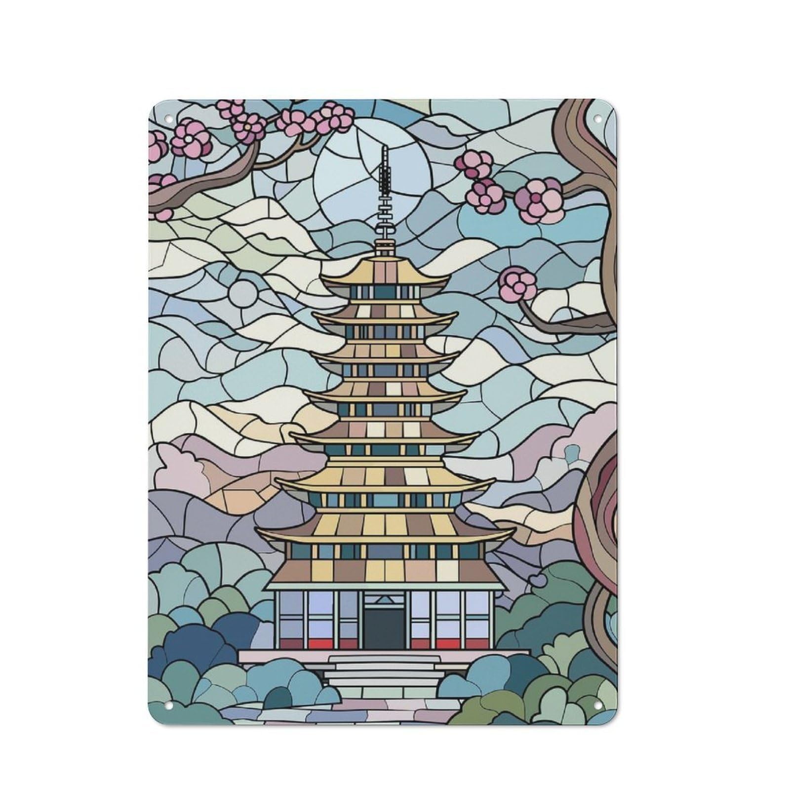 Junmoney Style-19 For Home Office Or Studio, Stained Glass Pagoda And Cherry Blossoms Vintage Tin Sign 40X30cm, Tin Sign Wall Decor For Home Offices And Studios