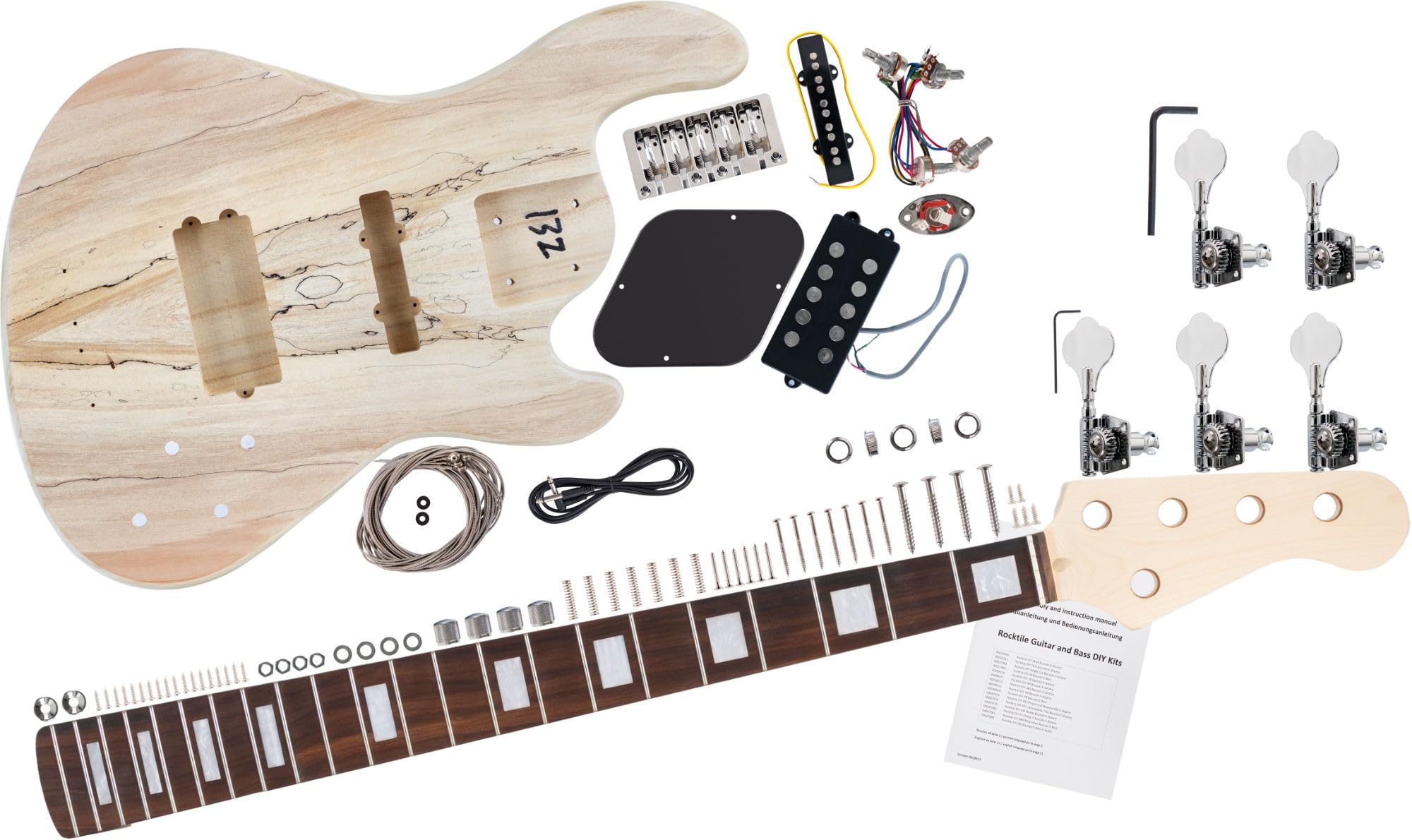 Rocktile Kit Basso Elettrico JBH5-Style - Set DIY per basso con corpo in Paulownia, manico in acero, tastiera in palissandro, 22 tasti, Single Coil + Humbucker, meccaniche cromate - naturale