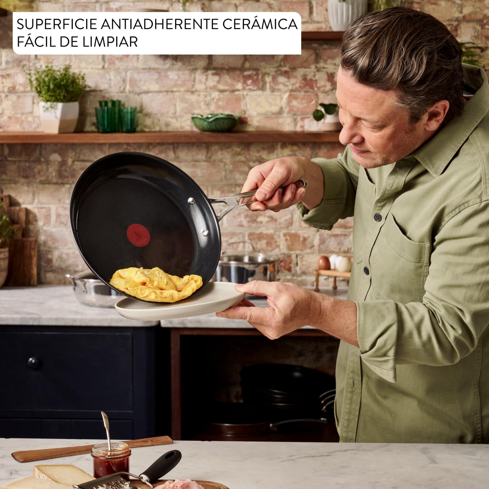 Tefal Jamie Oliver Cerámica - Juego de 2 Sartenes 24/28 cm, Revestimiento cerámico, Acero inoxidable, Antiadherente, Thermo-spot, Apto inducción y horno, Incluye protector de sartén