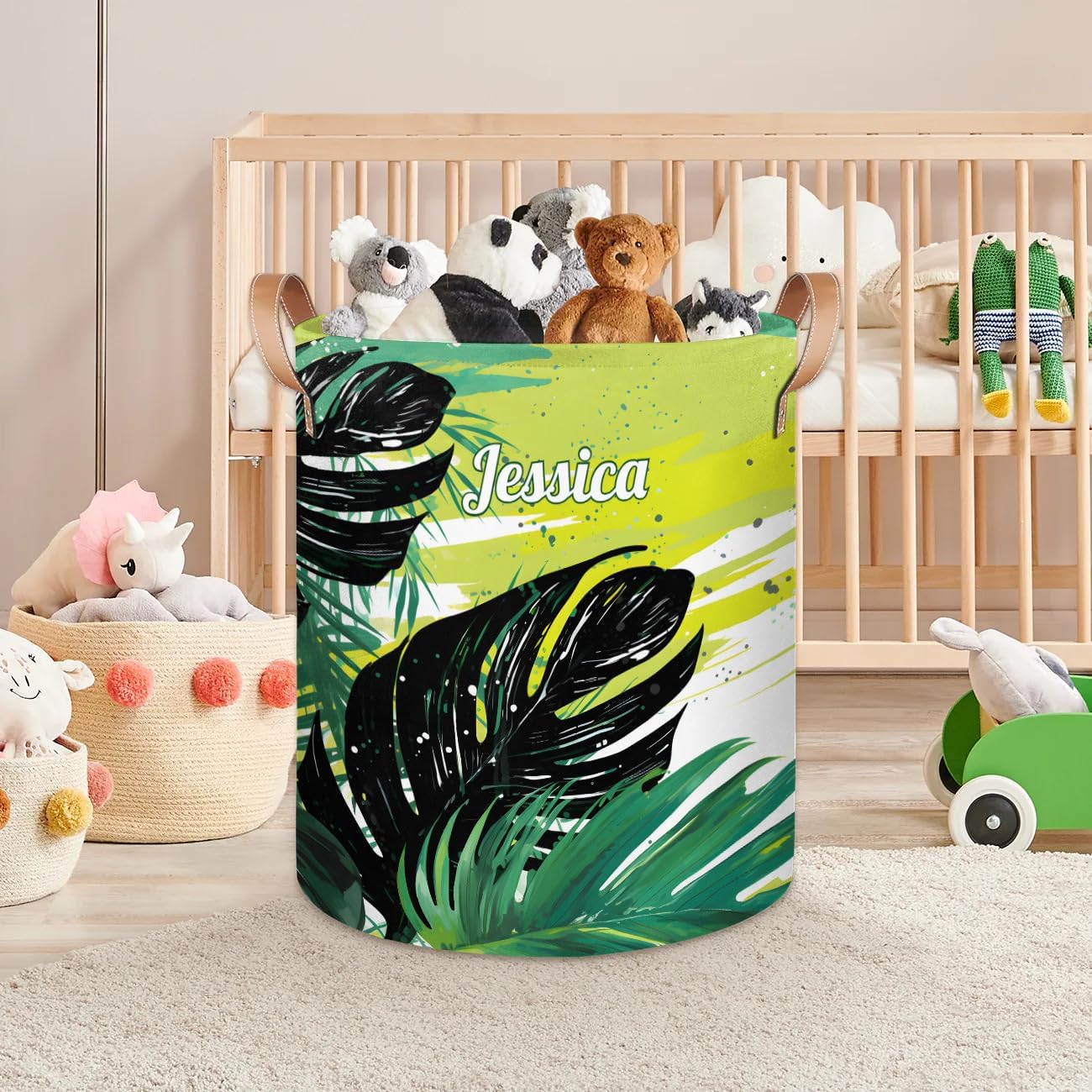Custom-Laundry-Hamper Toy-Stronge-Basket with-Name Foldable Clothes Storage Basket with-Handle for-Kids-Girls-Boys Tropical Leaves-Laundry-Hamper Green