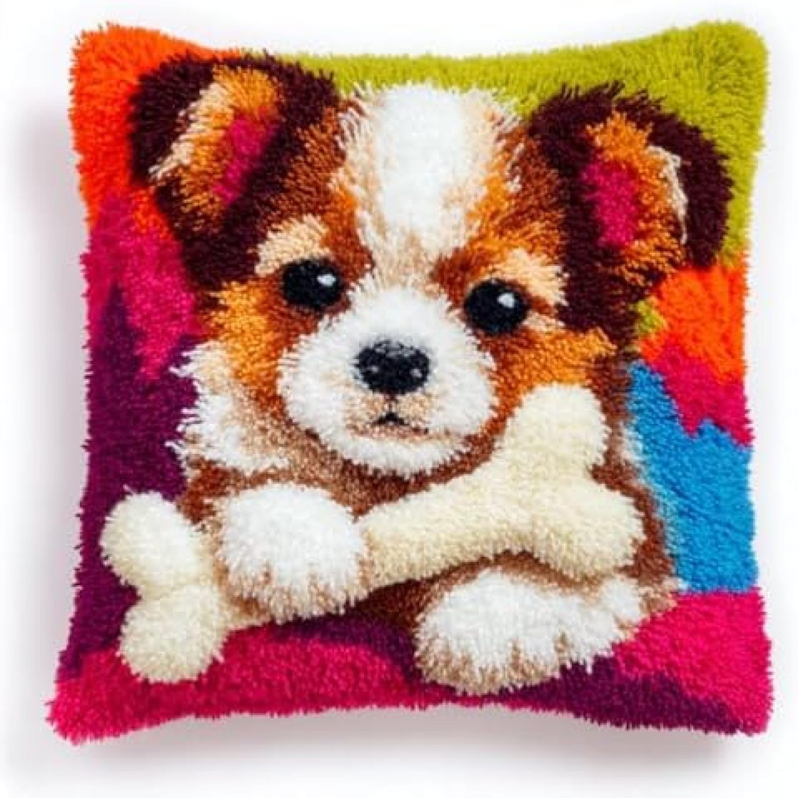 kitphoenix DIY Cushion Cover Kit for Adults Beginners,Chihuahua Long Hair and Bone,Latch Hook Craft Set for Women with Pre-Cut Yarn and Hook,43x43 cm