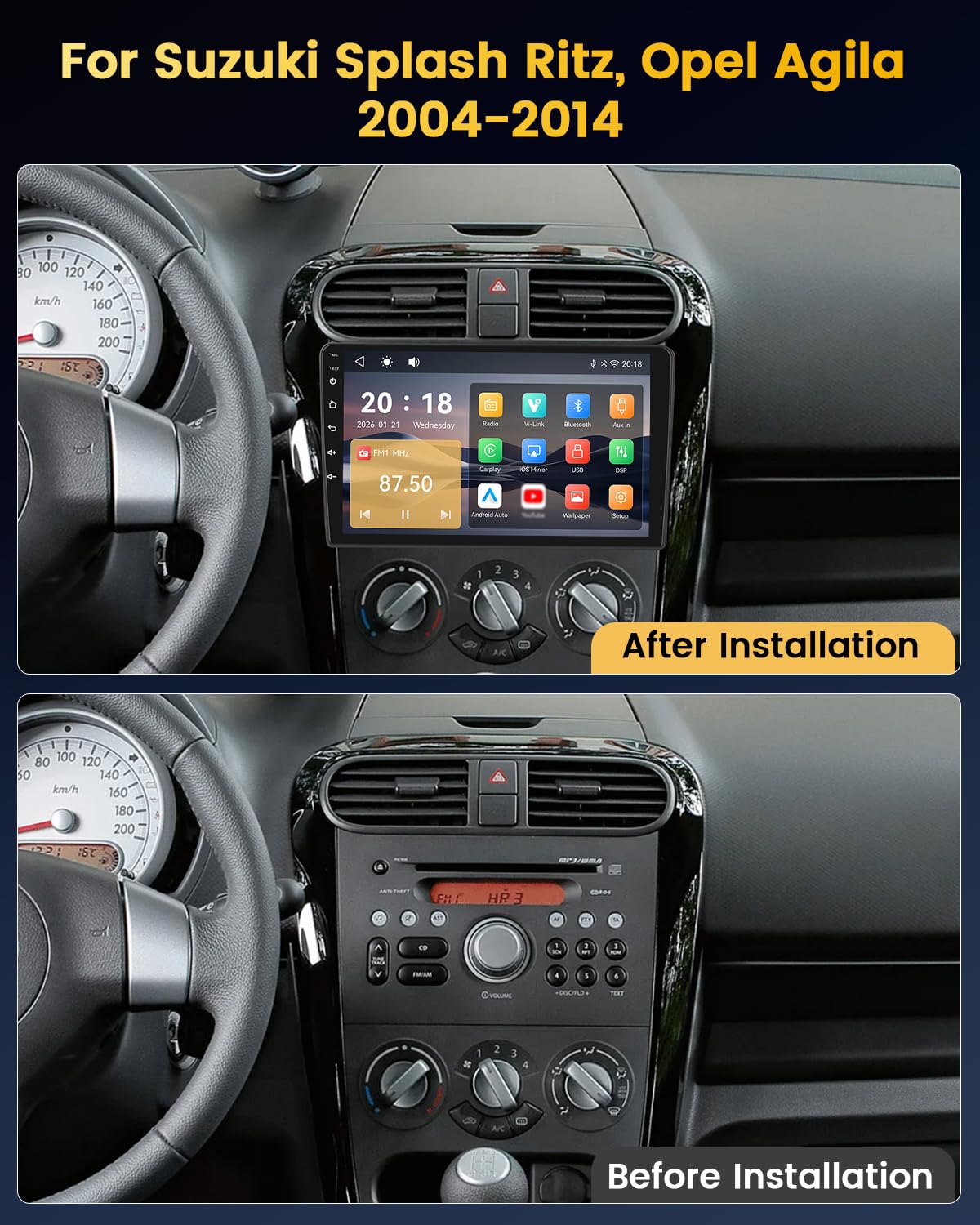Autoradio per Suzuki Splash Ritz, Opel Agila 2004-2014 Schermo IPS 9" Touch Apple CarPlay e Android Auto Radio Bluetooth 5.1 FM RDS DSP Comandi al Volante Telecamera Retromarcia