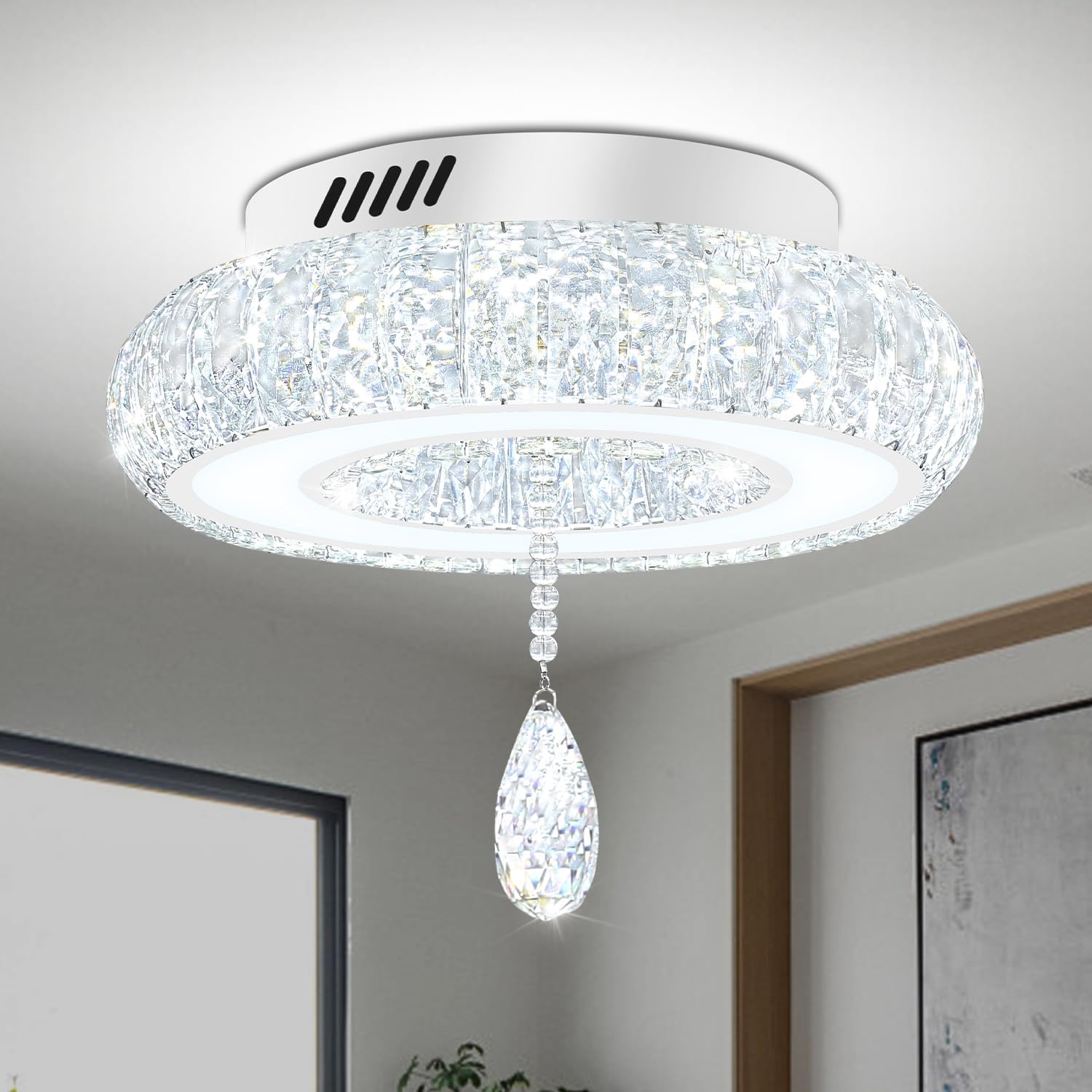 Glam Crystal Ring Chandeliers for Living Room Silver 12in Modern Led Flush Mount Chandelier with K9 Crystal Raindrop