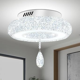 Glam Crystal Ring Chandeliers for Living Room Silver 12in Modern Led Flush Mount Chandelier with K9 Crystal Raindrop