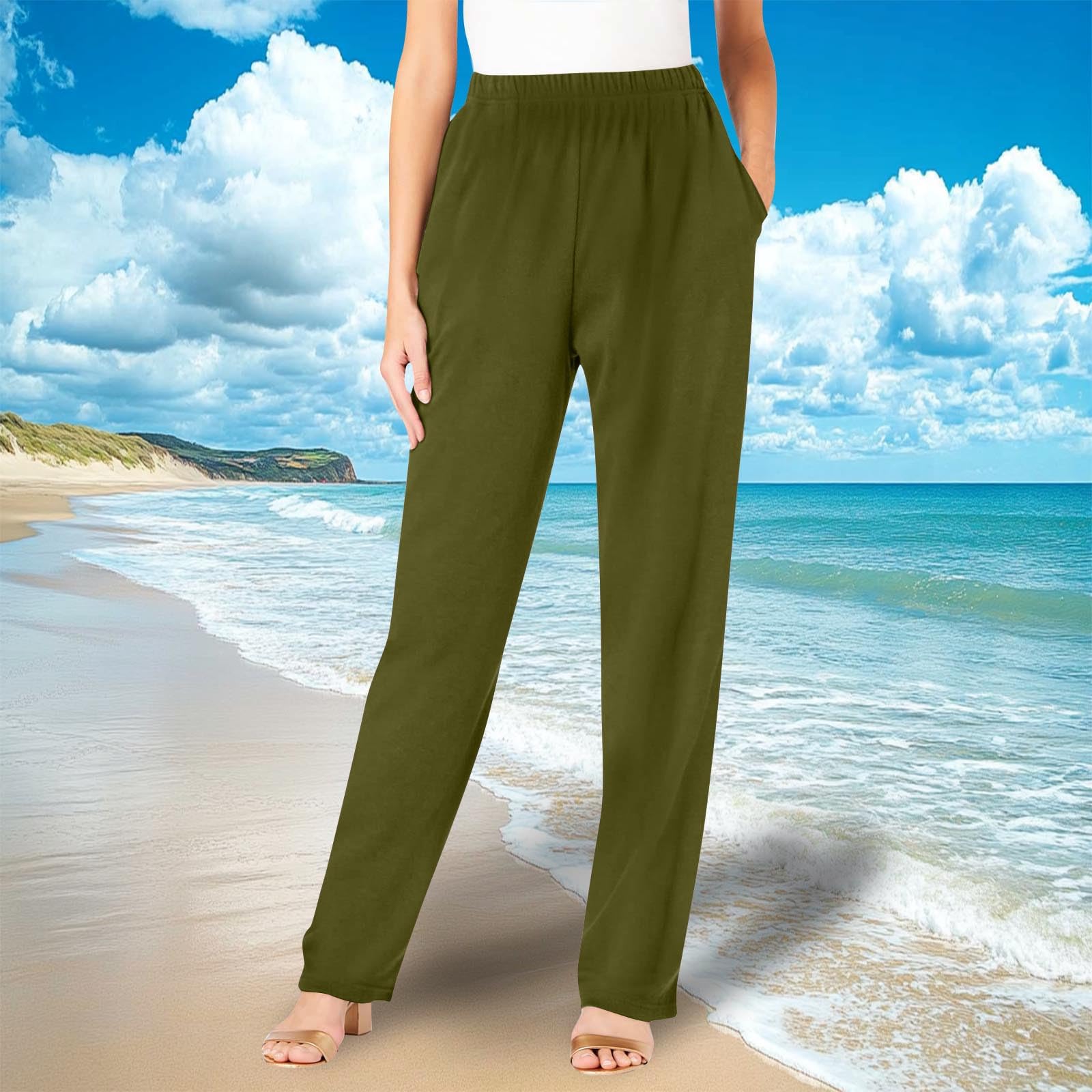 Générique Pantalon Droit Femme Taille Élastique Poches Couleur Unie