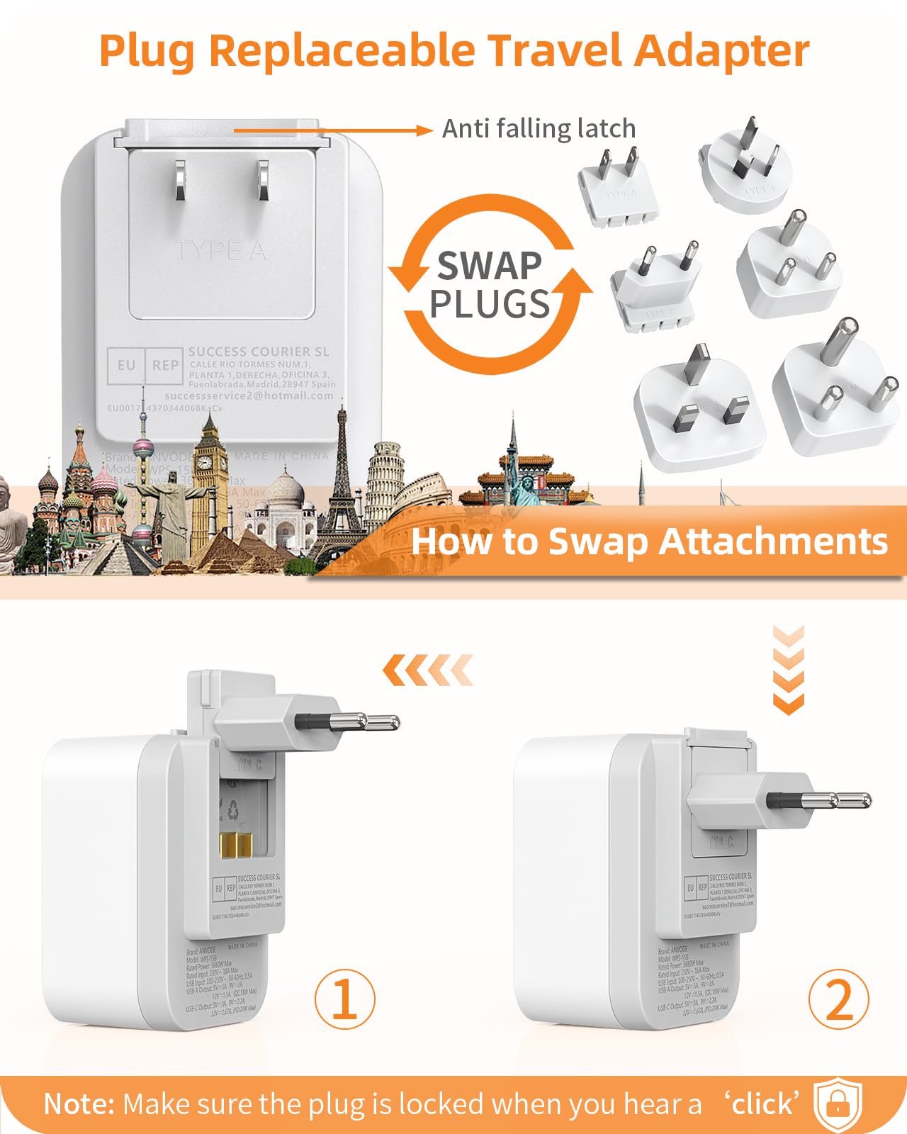 Reiseadapter Weltweites Set, Internationaler Steckdosenadapter mit USB C (PD 20W), 6 Abnehmbare Reisestecker Travel Adapter für Südafrika/JAP/AUS/USA/EU/UK (Weltadapter+6 Aufsatz)