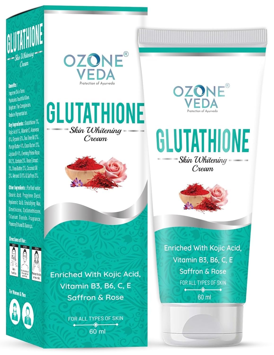 ozone glutathione Ozoneveda Glutathione Skin Whitening Cream with Kojic Acid, Vitamins B3,  B6, C, E, Saffron and Rose | For Women & Men