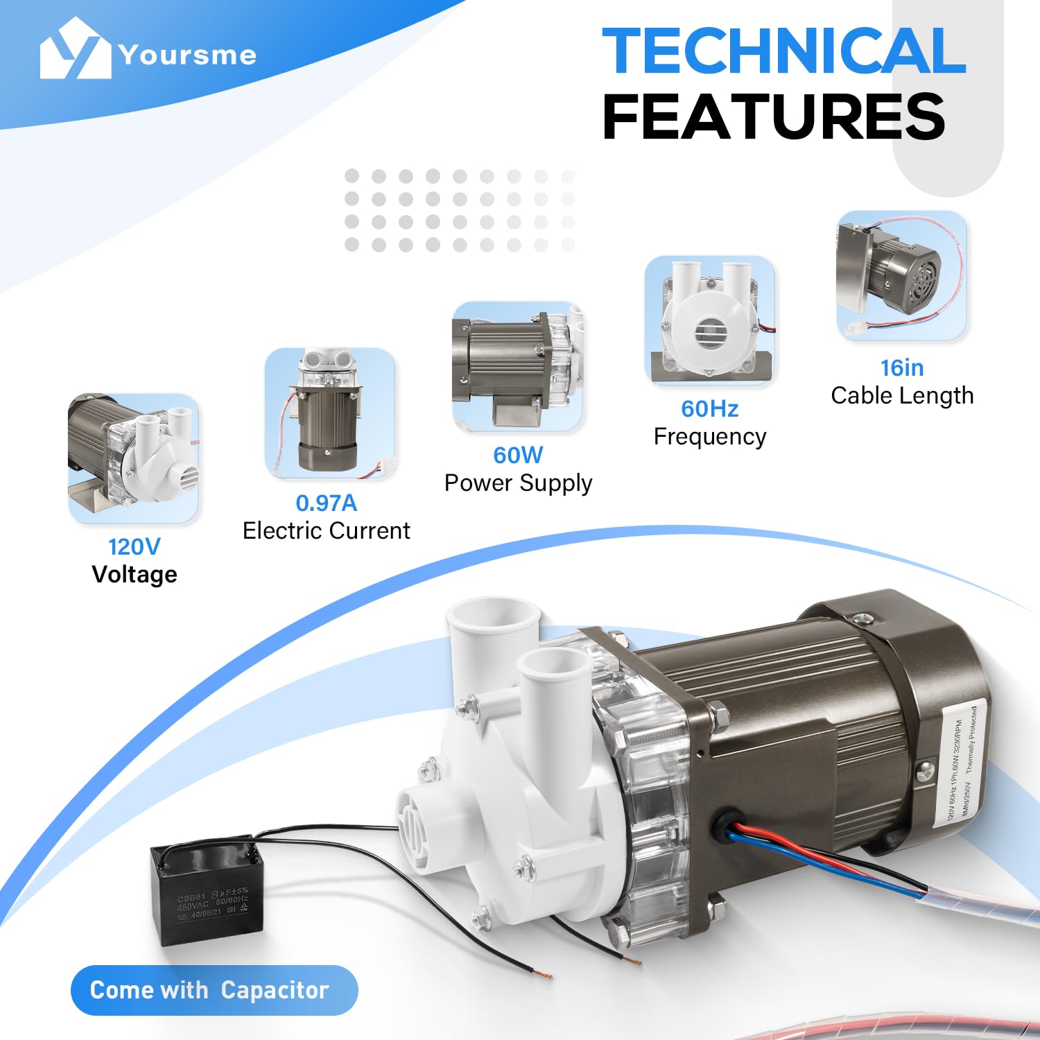 S-0730 Ice Machine Motor for Hoshizaki Ice Machine, Pump Assy Motor for Hoshizaki Ice Maker KM-1200S KM-1300S KM-1600S, Come with Capacitor and 16in Cable & Plug