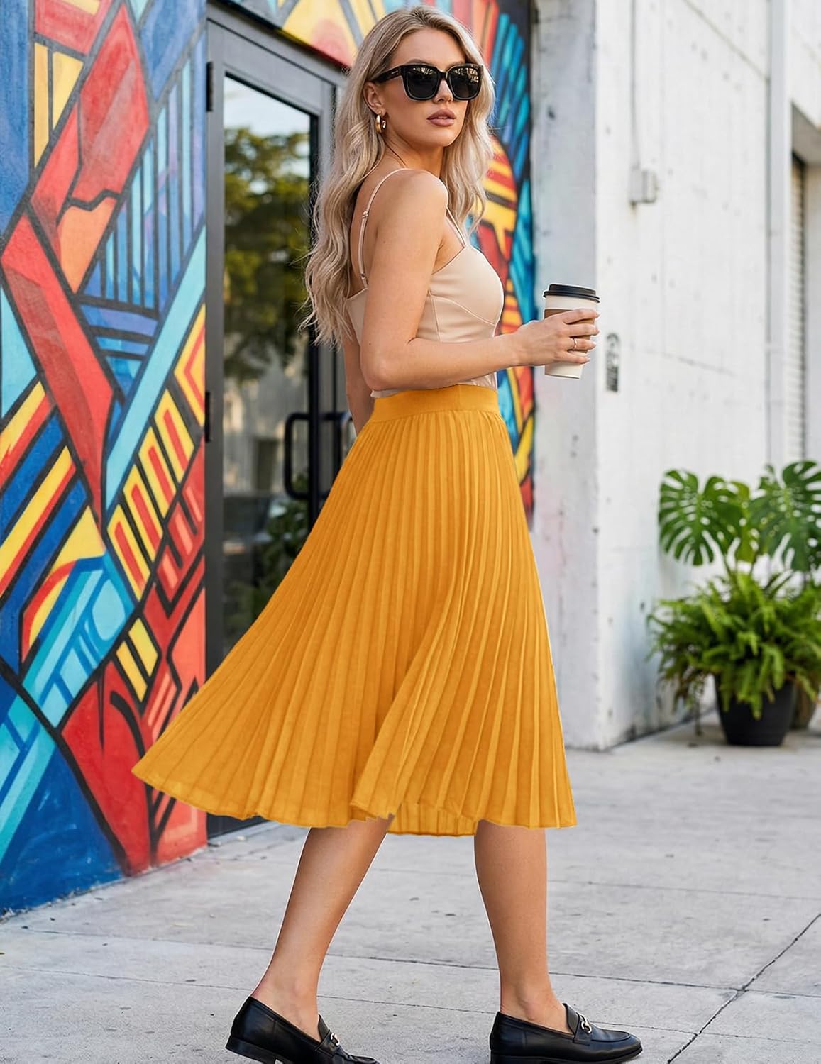 DRESSTELLS Pleated Midi Skirts for Women Long Aline Elastic High Waisted Chiffon Skirt