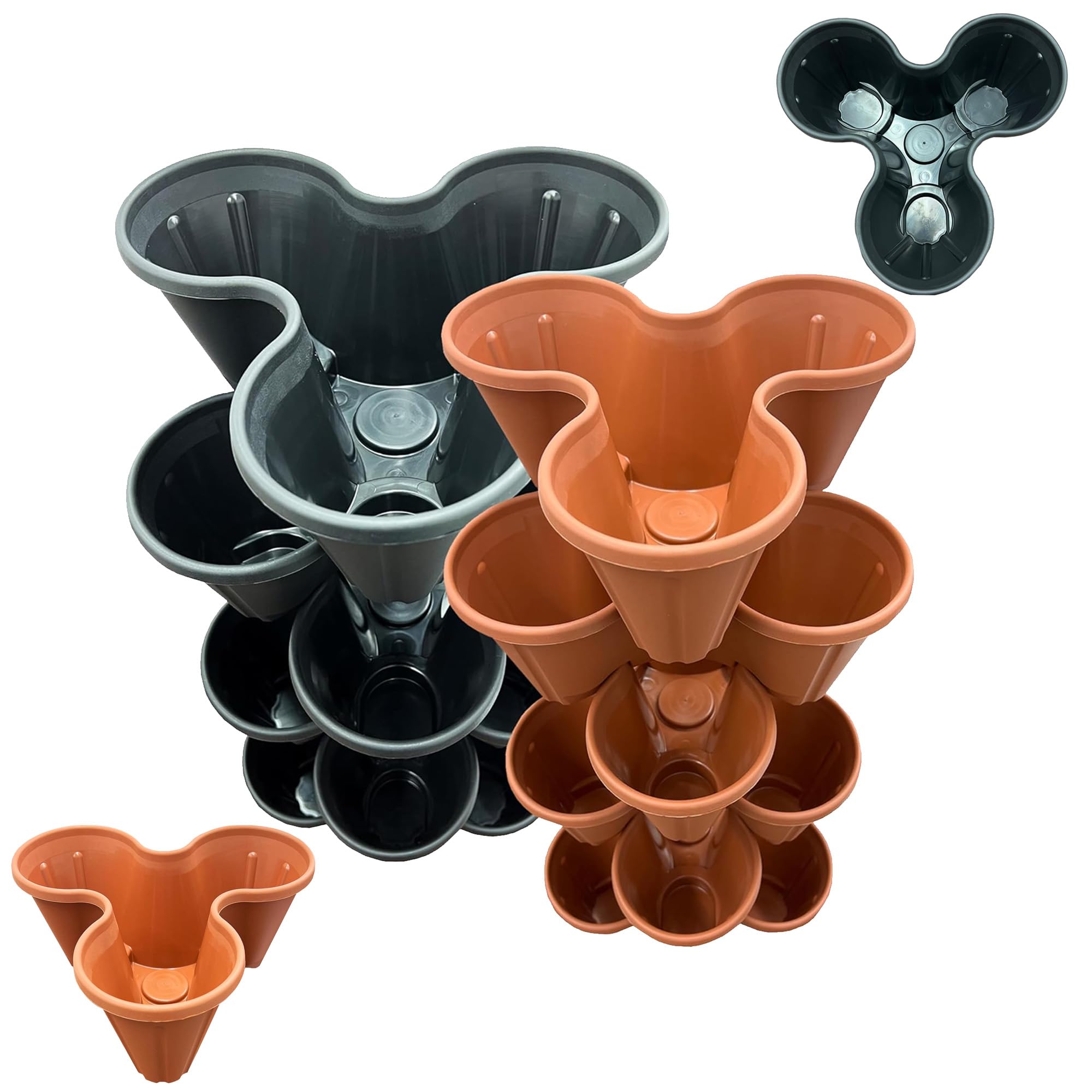 Pluto Packaging Interconnecting Black & Terracotta Trio Strawberry Planters Stackable Lightweight Garden Plant Pots (TERRACOTTA, 9 Strawberry Planters (Trio 3 Pot))