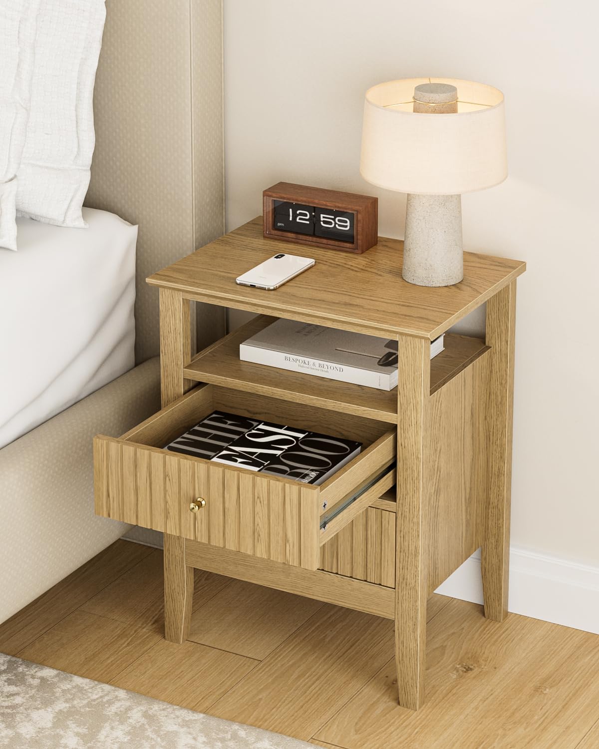 HEYZOEY Mesita de noche retro con 2 cajones, mesita de noche de madera maciza, estilo bohemio, para dormitorio, salón, roble miel