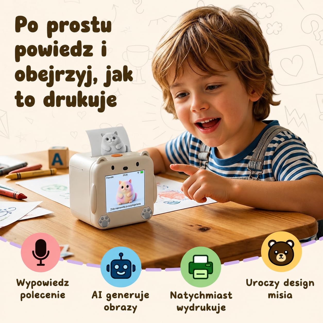 Drukarka Naklejek Głosowych AI dla Dzieci od MMOBIEL – Drukarka & Sticker Maker z Aplikacją, Sterowanie Głosowe, 20 Języków & 6 Stylów Rysowania – Do Zdjęć, Notatek, Etykiet, Dziennika & DIY