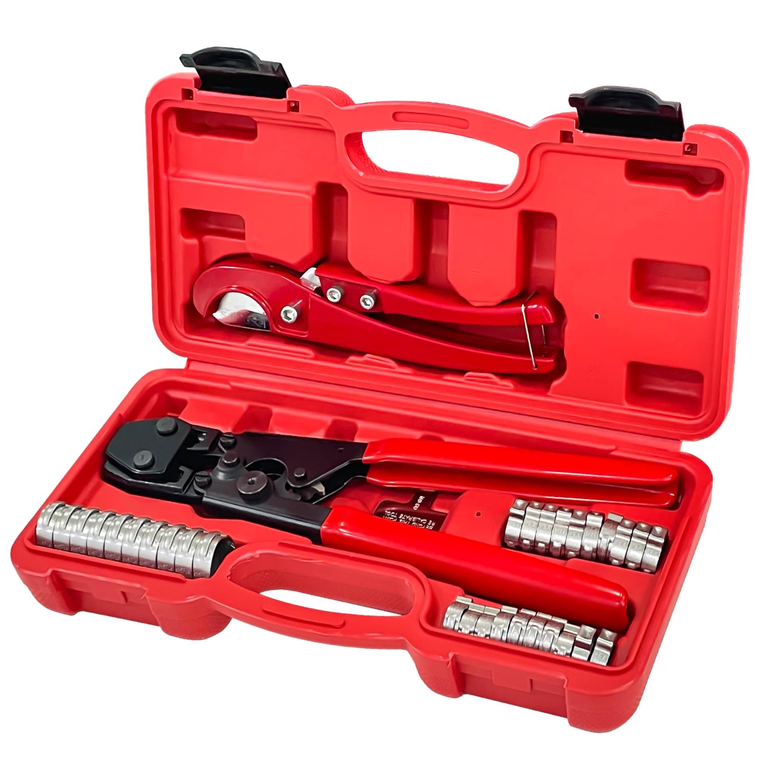 Socpuro PEX Pinch Clamp Tool Kit for 3/8 to 1 inch Clamps, Pex Crimper Tool and Pipe Cutter with 30pcs Stainless Steel Pex Cinch Clamp Rings