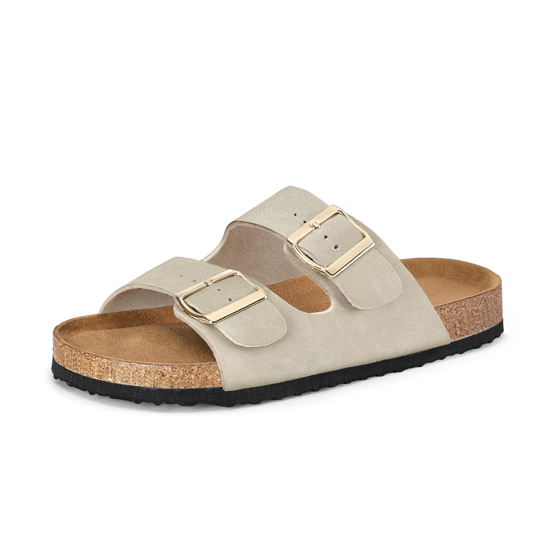 mysoft Womens Flat Sandals Cork Footbed Slides 2 Straps Adjustable Buckle Slip On Summer with Comfort Shoes
