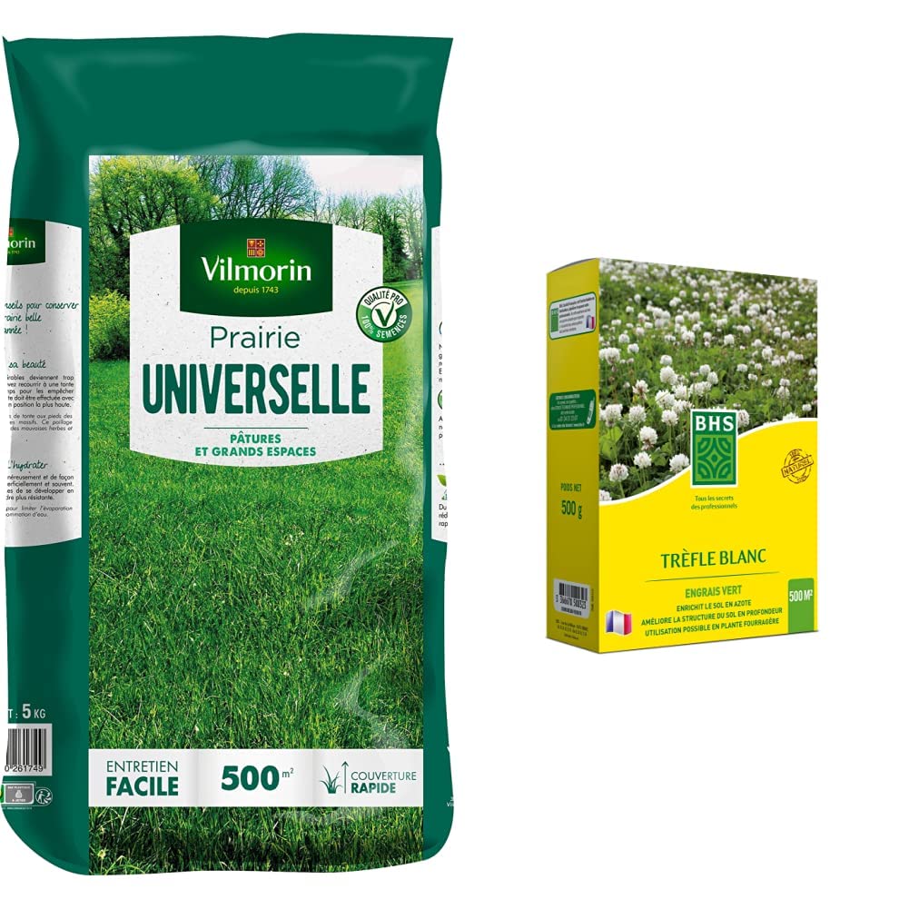 VILMORIN - Prairie Universelle - Pour pâtures et grands espaces - 5 Kg = 500 m² de Prairie & BHS TRE500 | 500g | 500 m² | Trefle Blanc | Favorise la biodiversité | S’adapte à tous types de sols