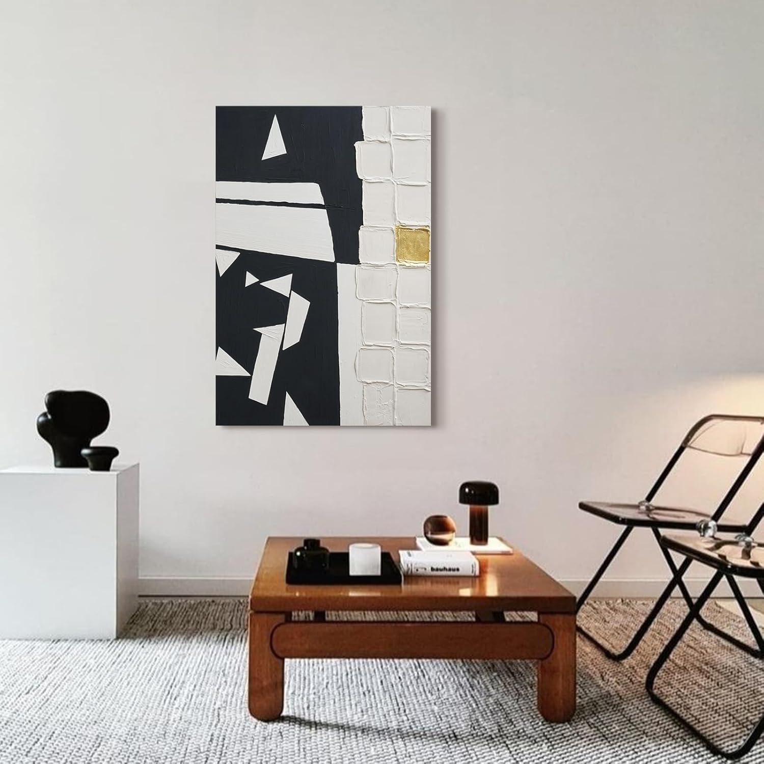 JUHOME Original Hand-Painted Abstract Canvas Wall Art – Modern Black and White Textured Oil Painting with Gold Accent, Minimalist Geometric Wall Decor for Living Room Bedroom Office 24x36 Inch