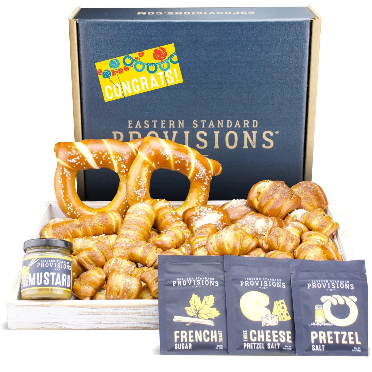 Eastern Standard Provisions Ultra "Congratulations" Gourmet Gift Box, Fresh Artisanal Soft Pretzel Snack Pack, with Gourmet Sauce & Toppings