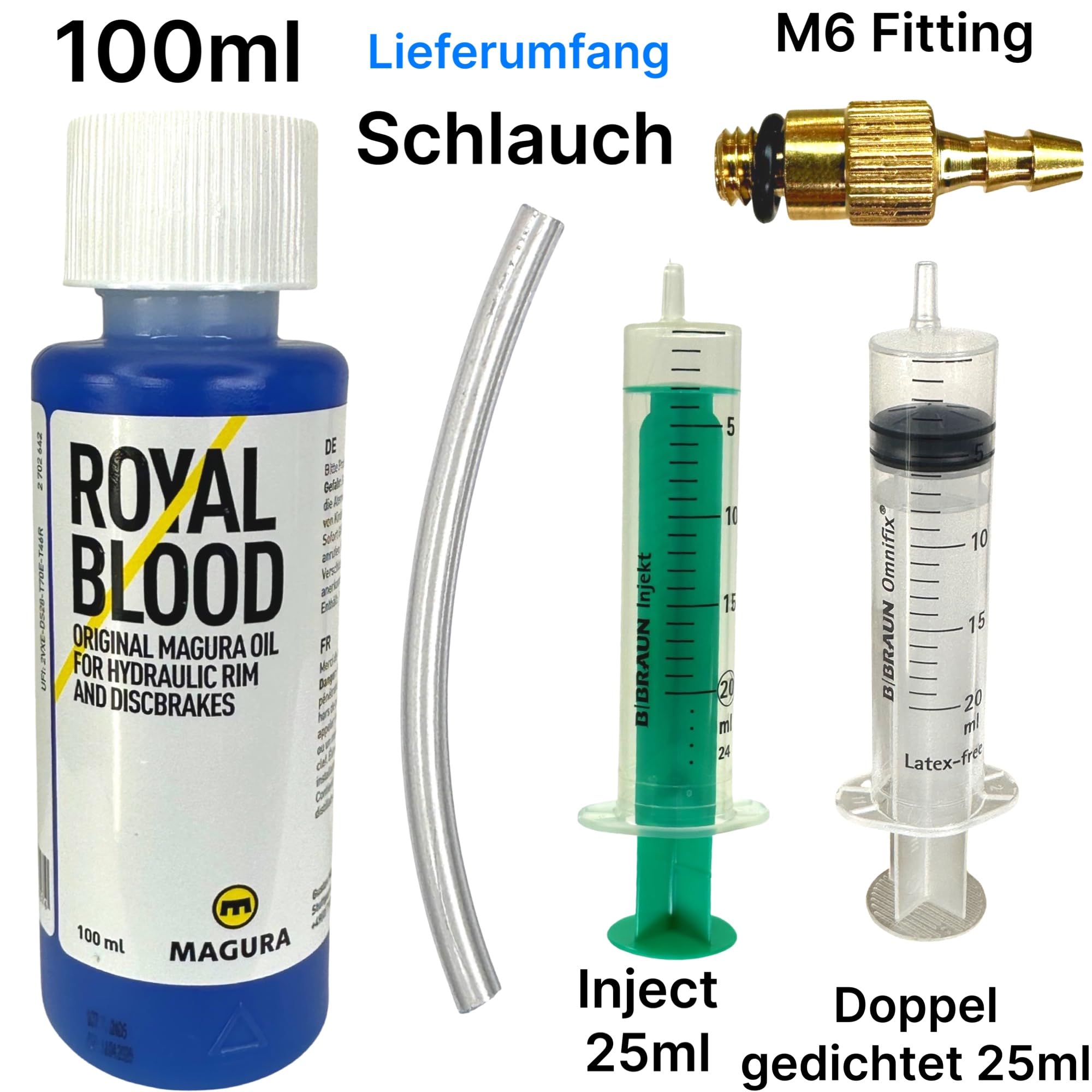 MAGURA Royal Blood olej mineralny 100 ml + F26 Service Kit | Hydrauliczne hamulce tarczowe, hamulce szczękowe, zestaw do odpowietrzania Mt 2 4 5 6 7 8 HS11 Hs22 HS33