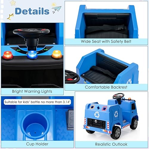Miniatura 5 de Costzon Automóvil, camión de basura de reciclaje con batería de 12 V con control remoto, música, luces de advertencia, bocina, accesorios de