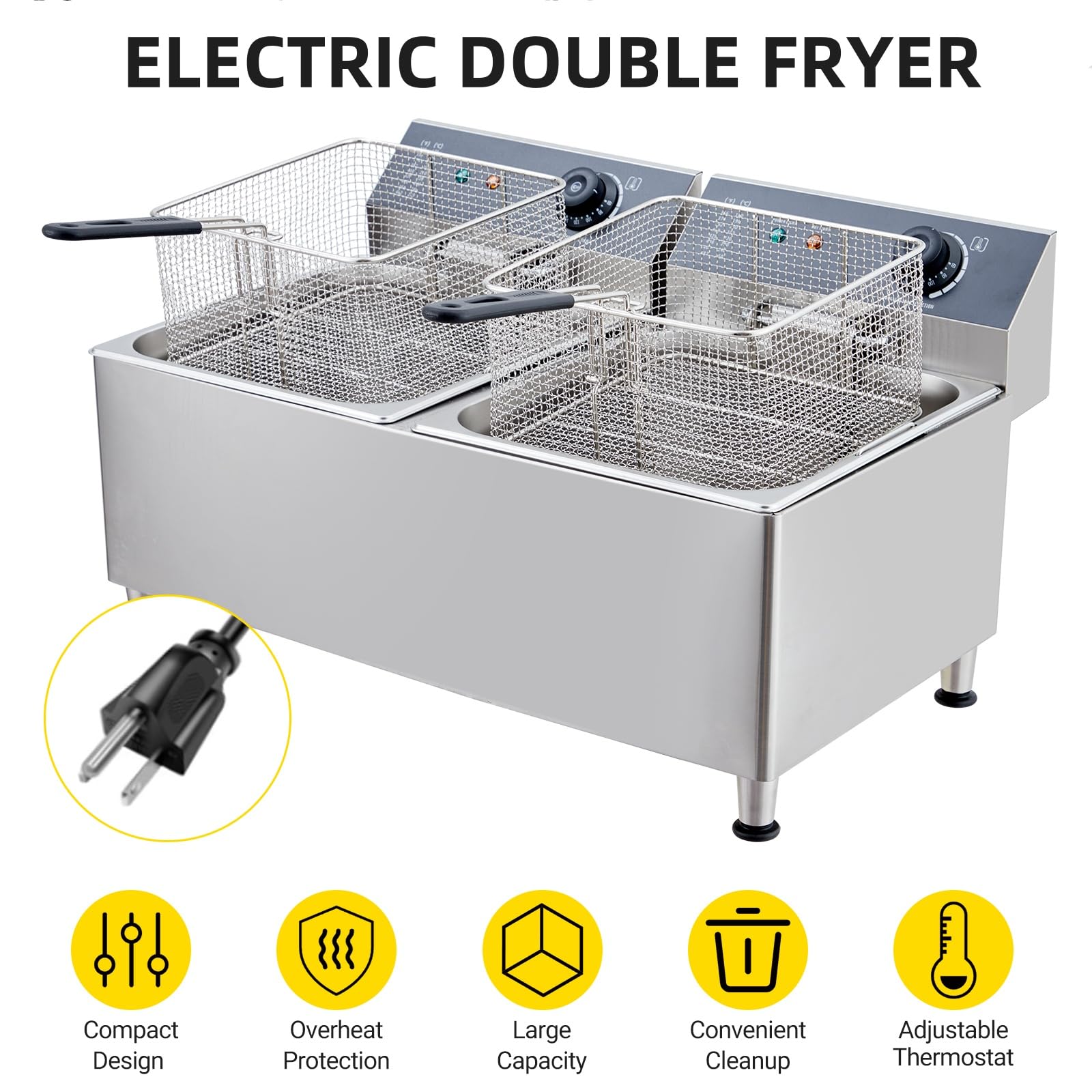 GAOMON 22 Liter Electric Fryer with Basket & Lid, 23.2QT Dual Tank Deep Fryers for Restaurant Home Use, Adjustable Temperature, with 2 Extra Large Frying Basket and Lid, Stainless Steel, 110V, 1700W