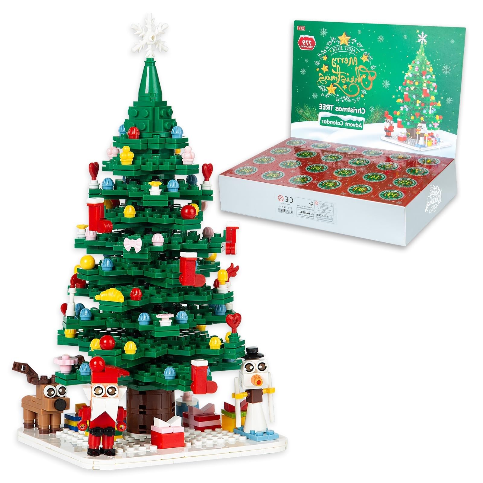 Calendario dell'Avvento 2025 Albero di Natale Kit di Costruzione, Calendario Conto alla Rovescia di Natale Mattoncini 779 PCS Set 24 Giorni Albero di Natale Scatole Sorpresa Regali Creativi per Adulti