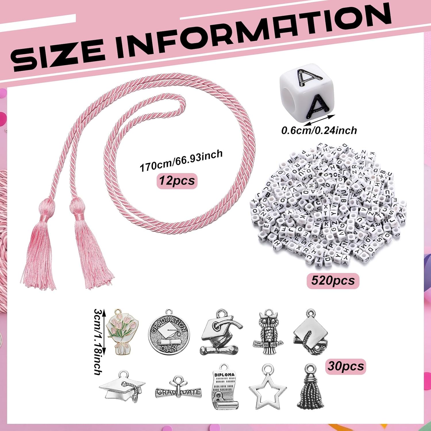 Kigeli 12 Pack Honor Cord for Graduation Friendship Cords Include 12 Pcs 67" Pink Grad Cords with Tassels, 520 White Letter Beads, 30 Pcs Graduation Pendant Charms for Class of 2026 Grad Decor
