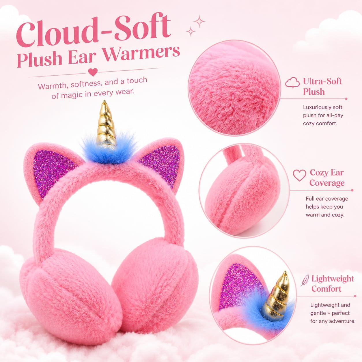 ZTL Unicorn Earmuffs for Girls Kids Women Soft Plush Ear Warmers Winter Ear Muffs