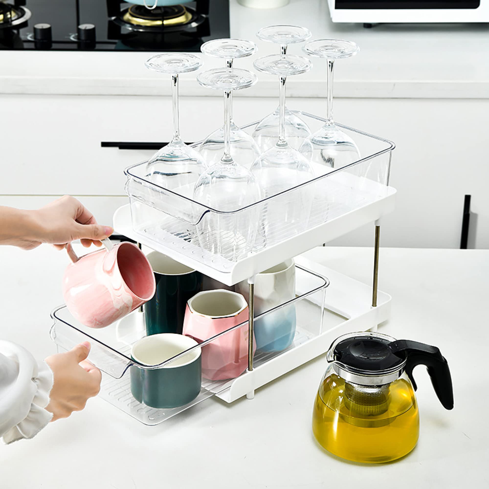 Organisateur d'étagères de placard - Étagère de rangement transparente sous l'évier avec tiroir coulissant - Bonne aide pour ranger les fournitures de cuisine et les articles de toilette / 2 layer
