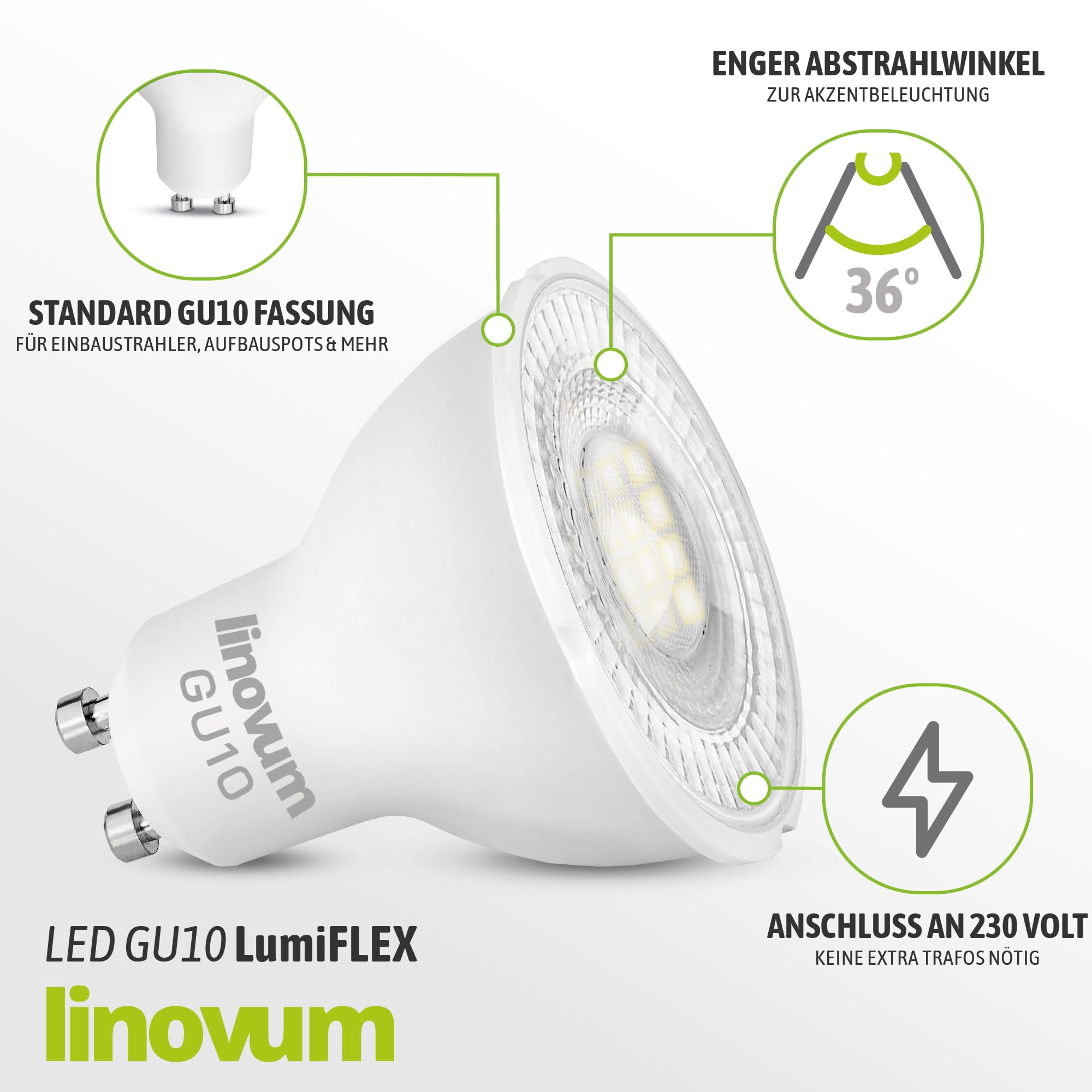 linovum LumiFLEX GU10 Lampe 10er Set LED 6W 3 Lichtfarben dimmbar Reflektor | Zehn GU10 Lampen mit 3 Lichtfarben - warm / neutral / kalt, dimmbar, CRI 96, für Einbau- & Aufbaustrahler, wie 60W Halogen